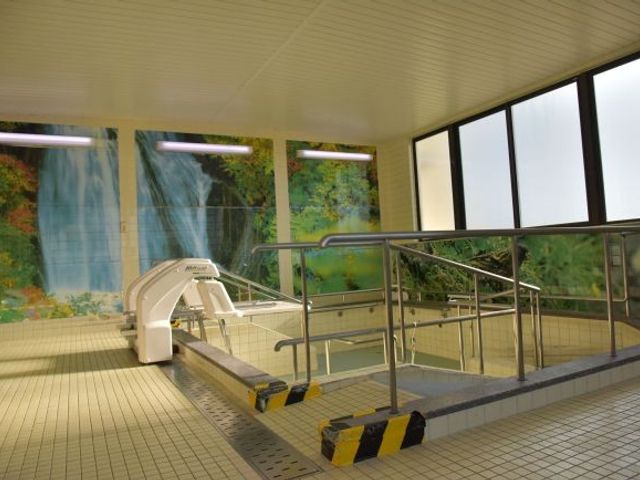 浴槽と手すりの浴室 浴室   広い浴槽のまわりに手すりが設置された、安心感のある入浴スペースです。大きな窓から明るさが入り、壁面の景色が印象的です。