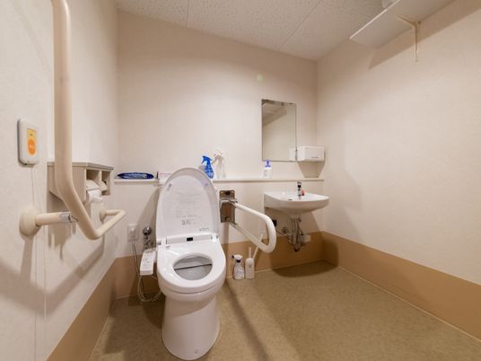 トイレはスペースを広く取っており、温水洗浄便座や流し台、掃除道具や用具類を収納するスペースが全て収まる広さがある。