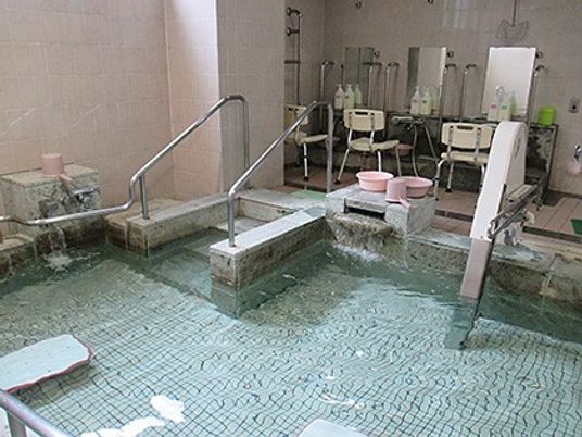 浴槽と手すりのある浴室  