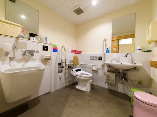 トイレには洋式便器が設置されている。便器の両側には可動式と固定式の２種類の手すりが取り付けられている。