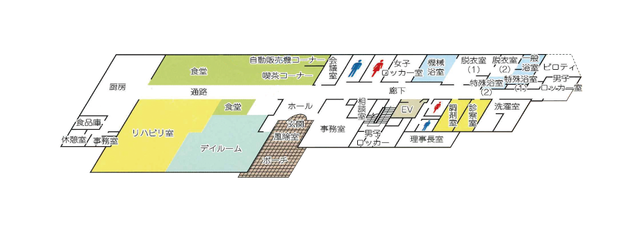 設備の配置がわかる見取り図 内部 施設内の各エリアの配置がわかる見取り図です。動線も考慮され、働きやすさが感じられます。