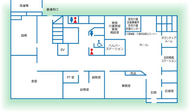 ホールの見取り図 内観 明るく広々としたホールのレイアウトです。動線が確保された設計で、スムーズな移動が可能です。