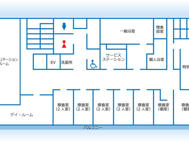 施設の間取り図 内観 共有スペースや各種居室が配置された構造。スムーズな移動が可能な設計です。
