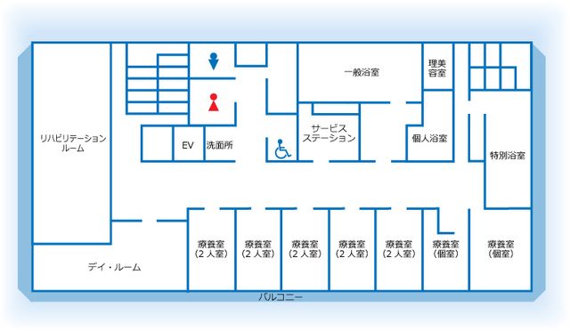 施設の間取り図 内観 共有スペースや各種居室が配置された構造。スムーズな移動が可能な設計です。