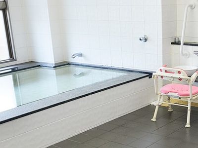 手すりと椅子のある浴室  