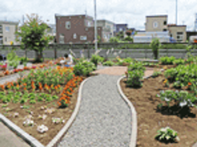 花が咲く小道の庭 庭 道沿いには色とりどりの花が咲いており、散歩をしながら癒しの時間を楽しめます。