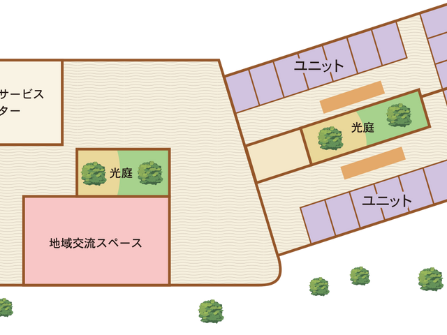 施設の見取り図 内観 広々としたレイアウトで、各ユニットが明確に分かれている設計です。コミュニティスペースも充実しています。