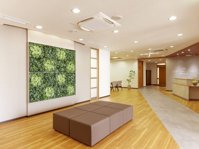 明るく清潔な施設のロビー エントランス 広々した空間には休憩できるソファがあり、柔らかな光が差し込んでいます。