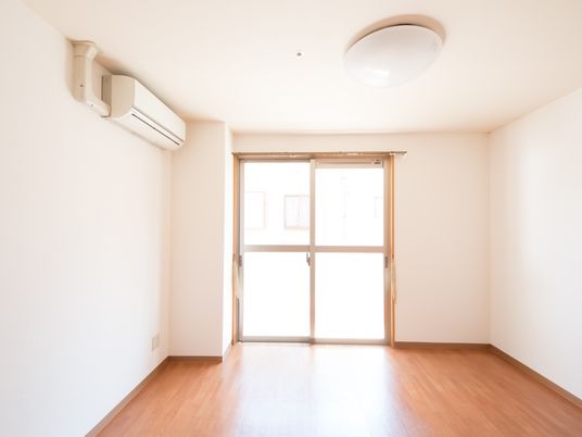 フローリングタイプの居室である。天井や壁は白色で統一されている。掃き出し窓からの日差しで明るく、エアコンも設置されている。