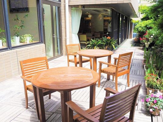 明るいテラスの椅子と木