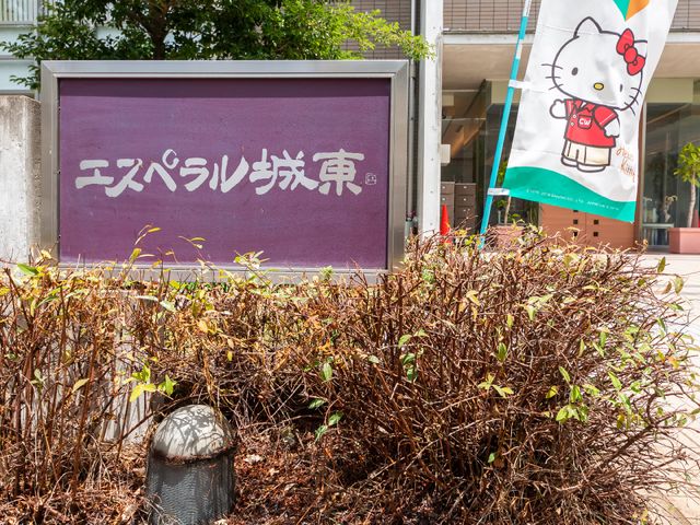 紫色の壁にロゴ看板