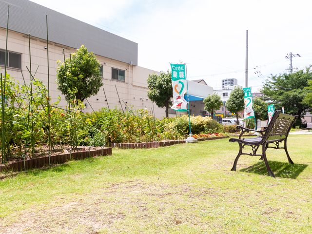緑あふれる庭の風景 中庭 緑豊かな憩いの場で、心地よい風と陽光を感じながらくつろぎの時間を過ごせます。ベンチが設置され、日々の憩いの空間として利用できます。