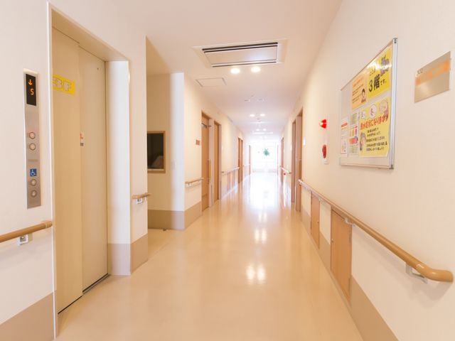 清潔な廊下とエレベーター エレベーター 手すり完備の廊下は清潔感があり、明るく広々としています。エレベーター前は待ち合わせにも適していそうです。