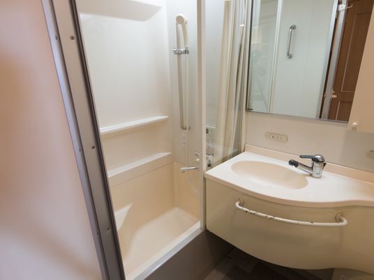 シャワールームが、洗面所に併設されている。手すりが備わっており、シャンプーなどを置くことのできる棚が用意されている。