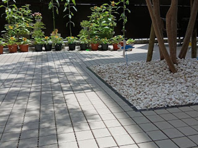 植栽のある中庭 中庭   日差しが差し込む中庭で、植木鉢の植物や白い石が並んでいます。落ち着いた雰囲気の中で、外気に触れながら過ごしやすそうです。