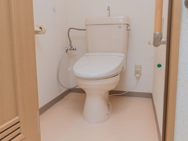 清潔な個室トイレ 居室内トイレ 広々として手すりが付いたトイレです。安心してご利用いただける設計になっております。