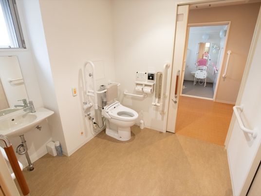 トイレの入口は引き戸になっている。壁のパネルで操作する温水洗浄便座が用意され、便座の横に手すりが設置されている。