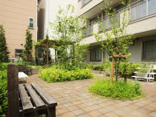 緑豊かな施設の中庭