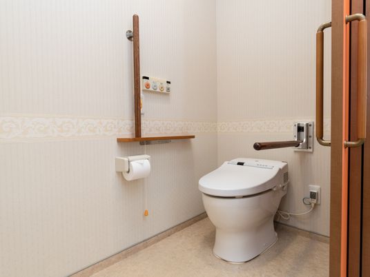 施設の写真 温水洗浄便座を備えたトイレである。壁には、手すりと操作パネルが設置してあり、ドアは引き戸になっている。