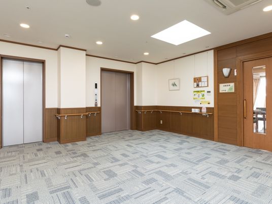 施設の写真 エレベーターの扉は幅が広く、目の前のフロアも充分なスペースが確保されている。壁には、手すりが取り付けられている。