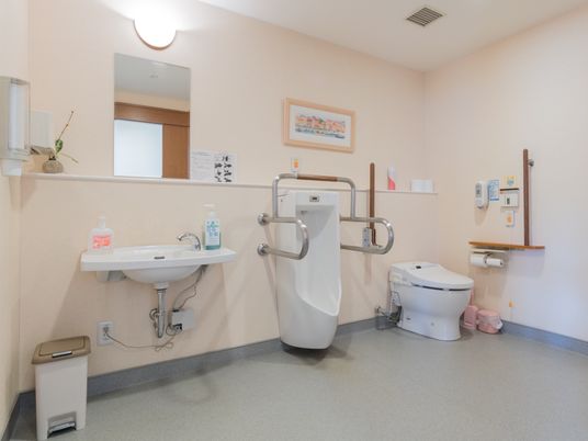 施設の写真 洋式トイレの他に、小便器、洗面台が設置されている。壁には手すりや、緊急呼び出しボタンが２か所取り付けられている。
