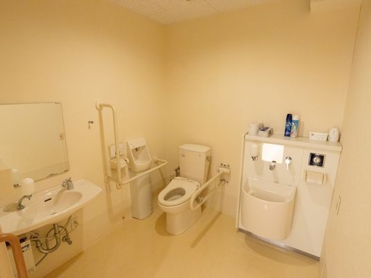 車椅子をご利用の方も、プライバシーな空間の中で移動ができるバリアフリーなトイレである。手すり、温水洗浄便座、ナースコールが設置されている。