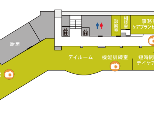 1階施設案内図 内観 施設の各エリアが明確に示された1階の案内図です。施設内のスムーズな移動が可能です。