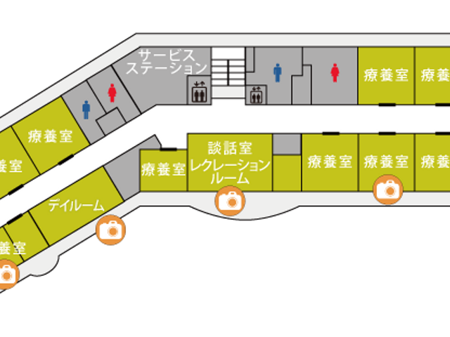 施設の2階レイアウト 内観 2階のフロアマップです。各部屋の配置がわかりやすく表示されています。