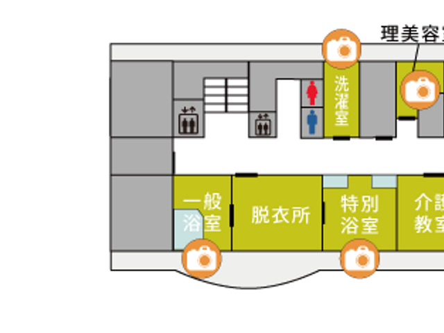 案内図地下フロア 内観 地下1階には、便利な洗濯室と3つの浴室があります。それぞれの場所が分かりやすく配置されています。