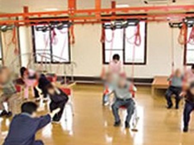 訓練中の風景 機能訓練室 明るい空間で、参加者が運動を楽しんでいます。自然光が差し込み、活気ある環境です。