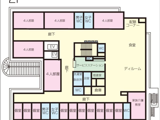 施設の2階間取り図 内観 2階には広々としたダイニングルームや多目的に使えるスペースがあります。快適な生活環境が整っています。