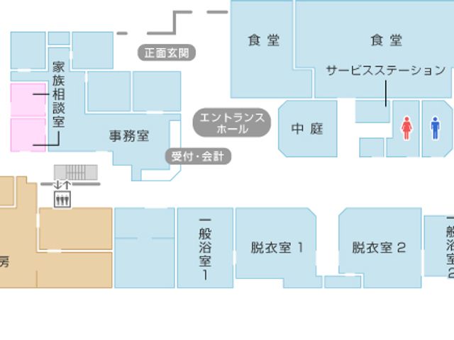 施設の見取り図 内観 この見取り図は、施設内の各スペースの配置がわかりやすく示されています。エントランスや各部屋の位置が確認できます。
