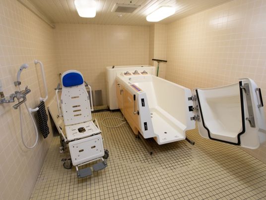 機械浴槽と介護用の椅子が桃色の浴室内に置かれている。また、壁には体を洗う布とシャワーが備えつけられている。