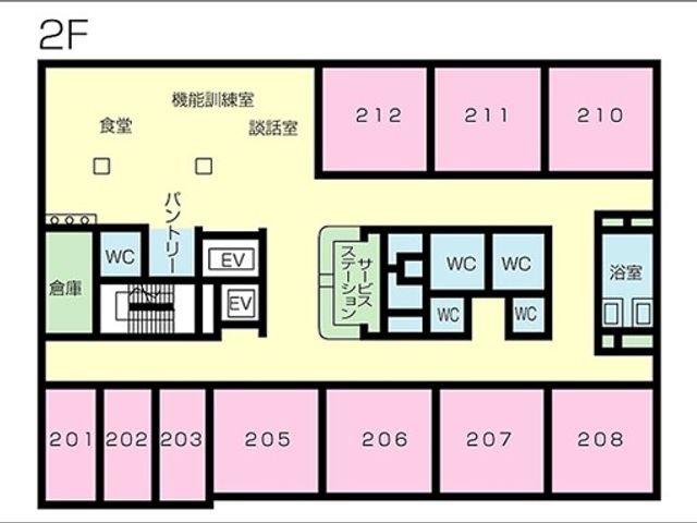 機能訓練室の平面図 機能訓練室 2Fには機能訓練室があり、リハビリに適した設備が整っています。働きやすい環境です。