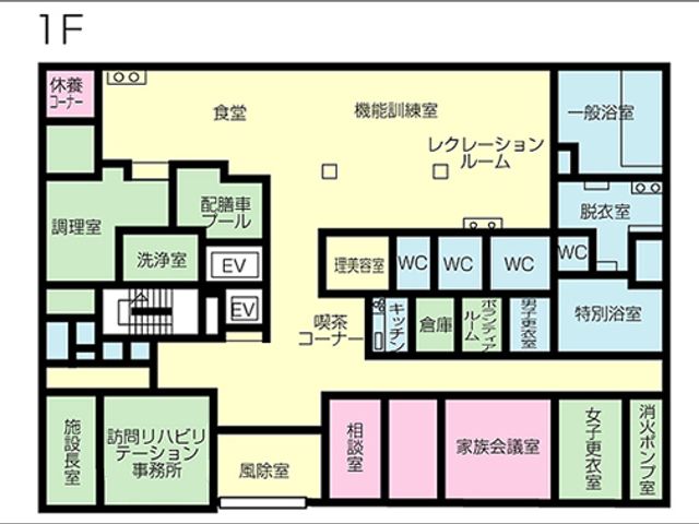 レクリエーションルーム 内観 広々とした空間で、集まって活動を楽しむことができます。他の施設も近くに配置されています。