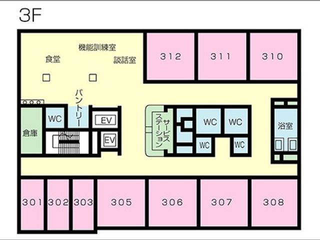 3階フロア見取り図 内観 3階には機能訓練室や談話室があり、入居者同士の交流を深める空間が配置されています。