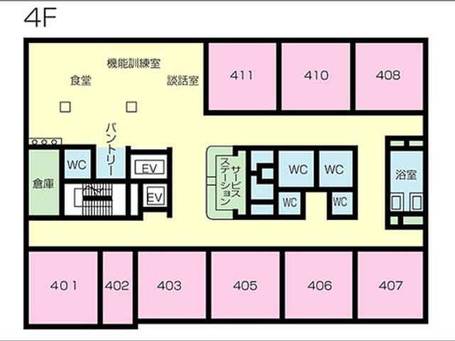 4階の施設配置図 多目的室 4階には機能訓練室や多目的室があり、居室も多数揃えられています。訓練室で様々な活動が可能です。