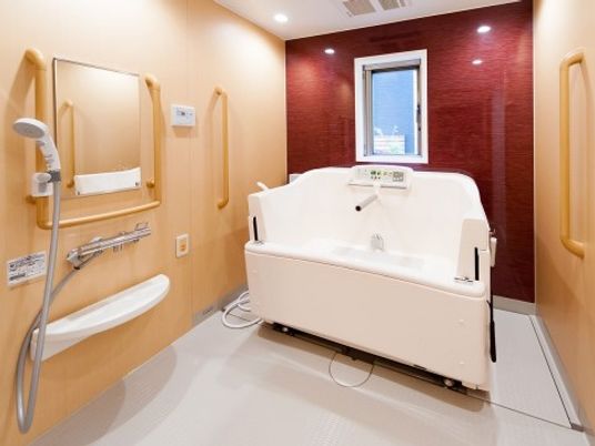 機械浴槽と手すり付きのシャワースペースが１つある浴室