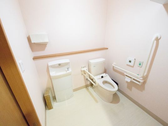 洋式トイレの横には緊急呼び出しボタンが設置されてある。温水便座機能もありトイレ横には手すりも用意されている。