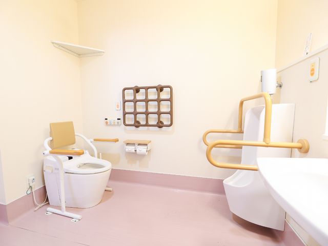 バリアフリーのトイレ トイレ 安全な手すり付きのトイレです。使いやすい工夫が施されています。