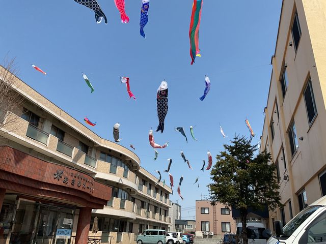 鯉のぼりが並ぶ外観 外観   青空の下、鯉のぼりがいくつも飾られた建物の外観です。季節感があり、明るい雰囲気が伝わります。