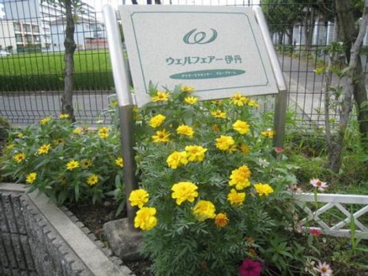 花々に囲まれた施設の看板