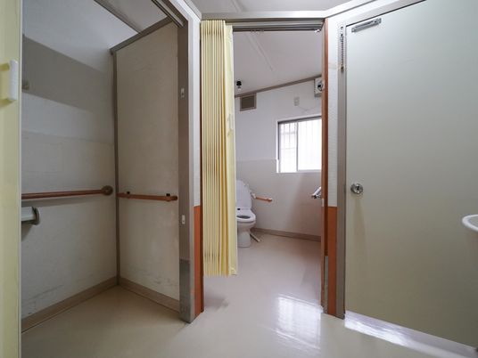 入口にはアコーディオンカーテンが設置されている。トイレまでの廊下やトイレ内部の壁には手すりが取りつけられている。