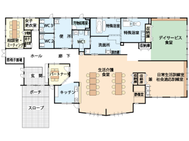 施設の間取り図 内観 施設全体のレイアウトが一目でわかり、居室や共有スペースの配置が確認できます。