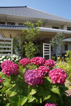 花に囲まれた外観