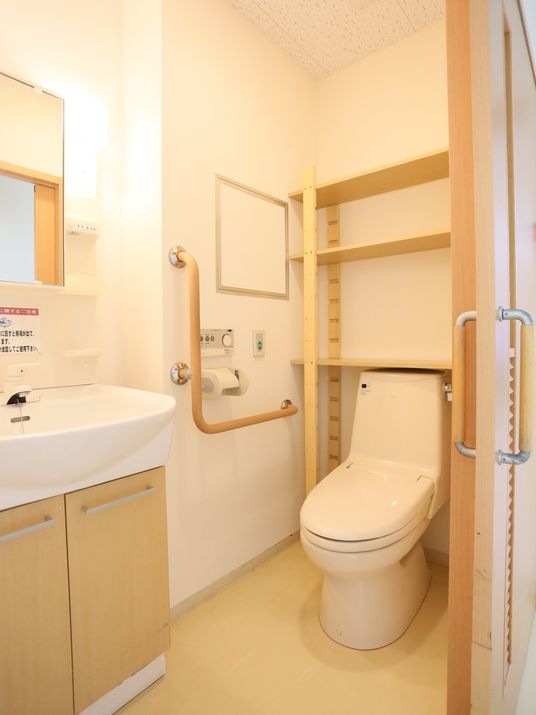トイレと洗面台が隣り合って設置され、ドアはスライドタイプで開け閉めしやすい。便座の周りには手すりがあり、棚も設置されている。