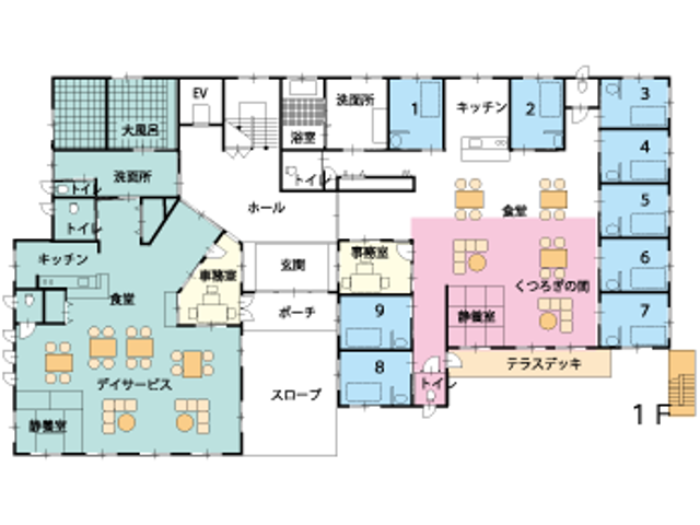 施設の設計図 内観 広々としたテラス付きの空間です。自然光がたっぷりと入り、リラックスできる設計です。
