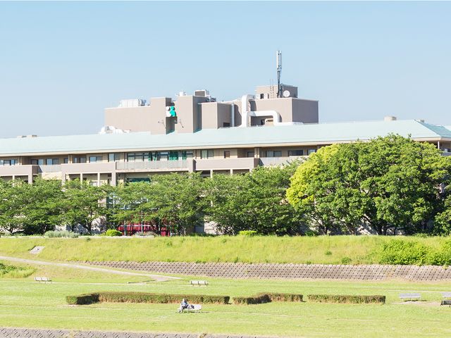 緑に囲まれた建物外観 外観   広い庭に面した建物です。自然の中で働く環境を求める方に適しています。