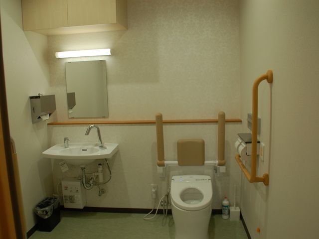 安全設備の整ったトイレ トイレ シンプルで使いやすいデザインのトイレです。安全を考慮した手すりが設置されています。