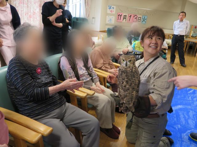 動物とのふれあいの場 多目的室 フクロウとのふれあいが楽しめるイベントです。利用者の方々が動物との交流を楽しんでいます。